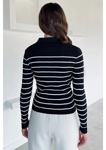 Kadın Polo Yaka Çizgili Yarım Düğmeli Triko Kazak P-00018494 fırsatları