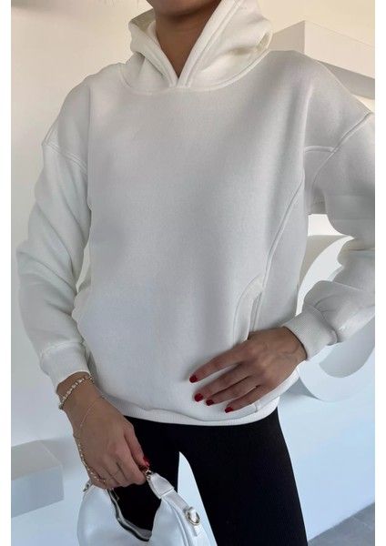 Kadın Kapüşonlu Kanguru Cepli Üç Iplik Şardonlu Sweatshirt P-00018483