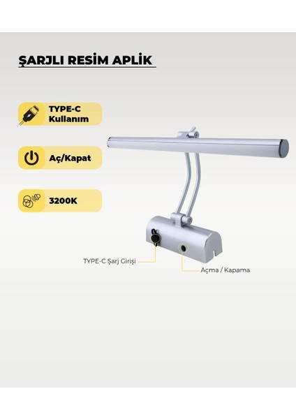 Şarjlı Krom Flüt Aplik 3200K Sarı Işık – Elektrik Gerektirmez