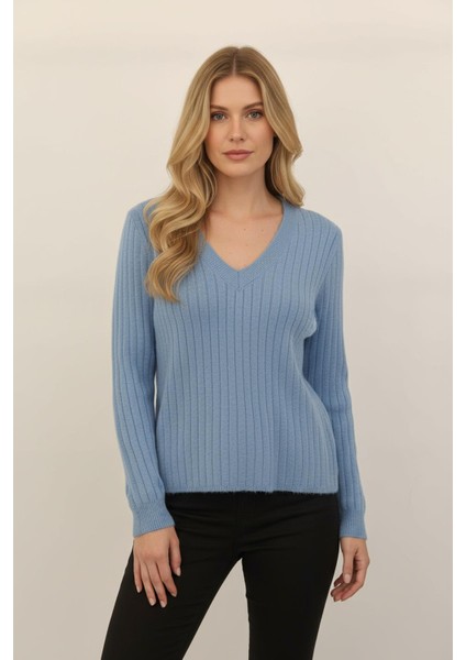Bebe Mavi V Yaka Triko Kadın Kazak 2217
