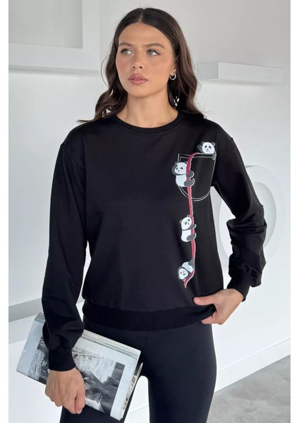 Kadın Ön Baskılı Bisiklet Yaka Sweatshirt P-00018479