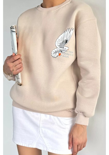 Kadın Ön ve Sırt Baskılı Bisiklet Yaka Üç Iplik Şardonlu Sweatshirt P-00018477 fiyatları