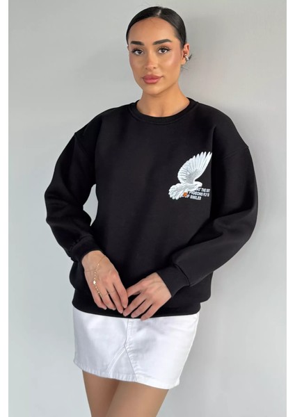 Kadın Ön ve Sırt Baskılı Bisiklet Yaka Üç Iplik Şardonlu Sweatshirt P-00018477