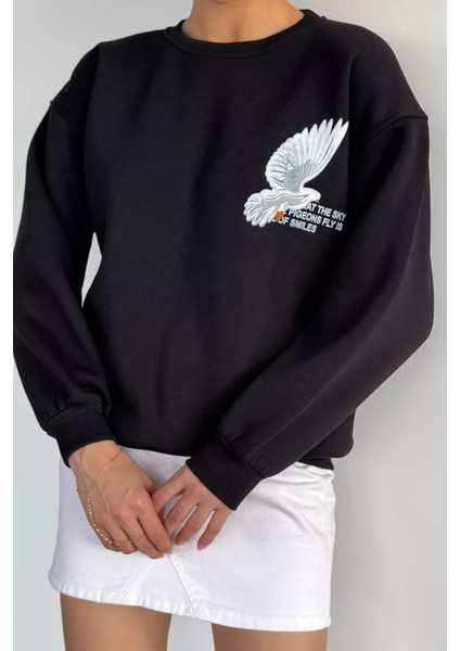 Kadın Ön ve Sırt Baskılı Bisiklet Yaka Üç Iplik Şardonlu Sweatshirt P-00018477 fiyatları