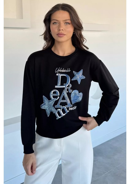Kadın Bisiklet Yaka Baskılı Taş Işlemeli Sweatshirt P-00018484
