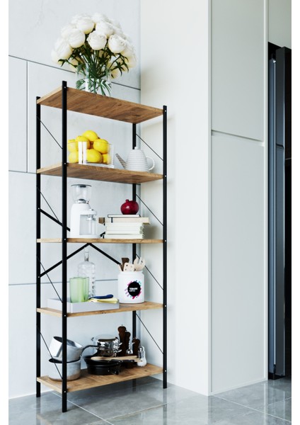 Metal Mutfak Rafı Malzeme Dolabı 5 Raflı Mikrodalga Fırın Rafı Çok Amaçlı Dolap Raf 150 cm Ceviz