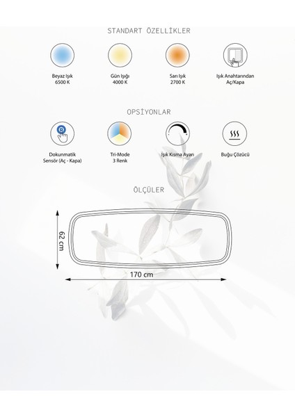 - Milano LED Aydınlatmalı Ayna 170X62 - Tri-Color + Dimmer + Defogger fiyatları