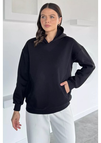 Kadın Kapüşonlu Kanguru Cepli Üç Iplik Şardonlu Sweatshirt P-00018483