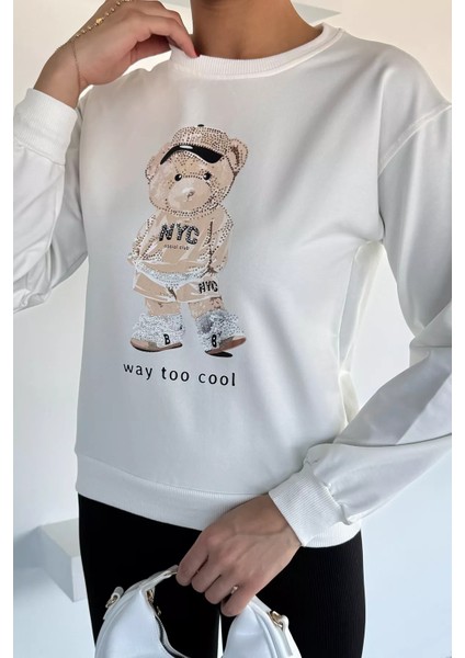 Kadın Bisiklet Yaka Baskılı Taş Işlemeli Sweatshirt P-00018478