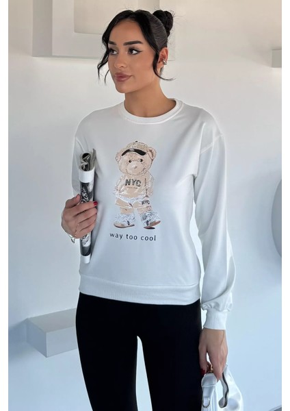 Kadın Bisiklet Yaka Baskılı Taş Işlemeli Sweatshirt P-00018478 fiyatları