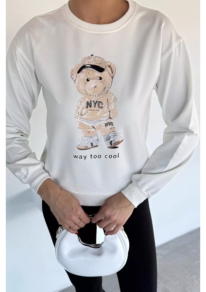 Kadın Bisiklet Yaka Baskılı Taş Işlemeli Sweatshirt P-00018478 modelleri