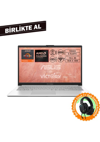 Vivobook Go 15 Amd Ryzen 5 7520U 8gb 512GB SSD 15.6" W11P + Gaming Kulaklık E1504FA-BQ1741 012