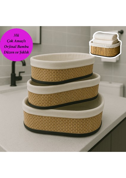 Bambu 3 Lü Sepet Çok Amaçlı Banyo Dolap Içi Düzenleyici Yıkanabilir Kılıf Hazır Kurulu Gönderim (Beyaz Oval)