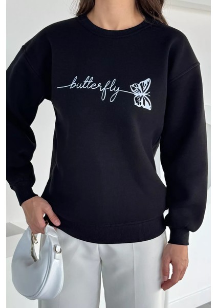 Kadın Kelebek Baskılı Bisiklet Yaka Üç Iplik Şardonlu Sweatshirt P-00018481