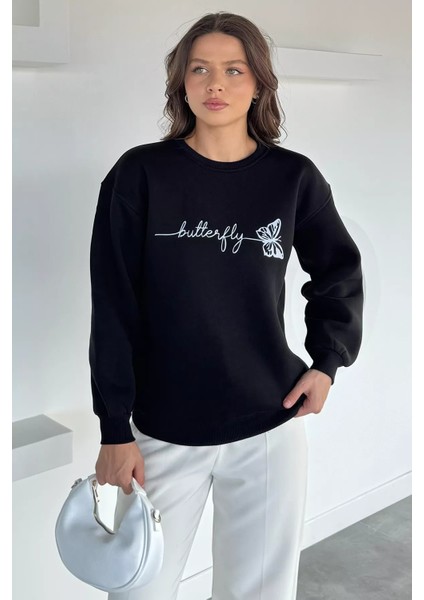 Kadın Kelebek Baskılı Bisiklet Yaka Üç Iplik Şardonlu Sweatshirt P-00018481 fiyatları
