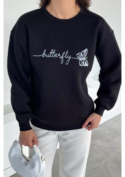 Kadın Kelebek Baskılı Bisiklet Yaka Üç Iplik Şardonlu Sweatshirt P-00018481 modelleri