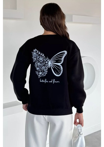 Kadın Kelebek Baskılı Bisiklet Yaka Üç Iplik Şardonlu Sweatshirt P-00018481 fırsatları