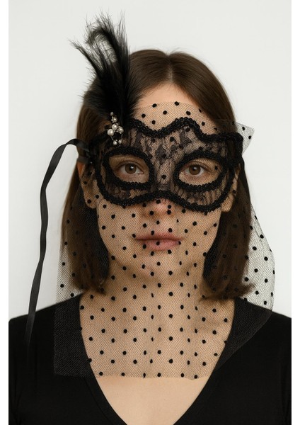 Allzey Siyah Renk Siyah Puyeli Duvaklı Incili Parti Maskesi