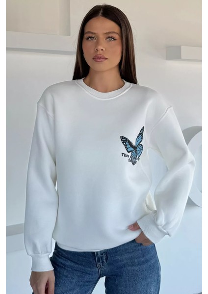 Kadın Ön ve Sırt Kelebek Baskılı Üç Iplik Şardonlu Bisiklet Yaka Sweatshirt P-00018482