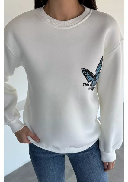 Kadın Ön ve Sırt Kelebek Baskılı Üç Iplik Şardonlu Bisiklet Yaka Sweatshirt P-00018482 modelleri