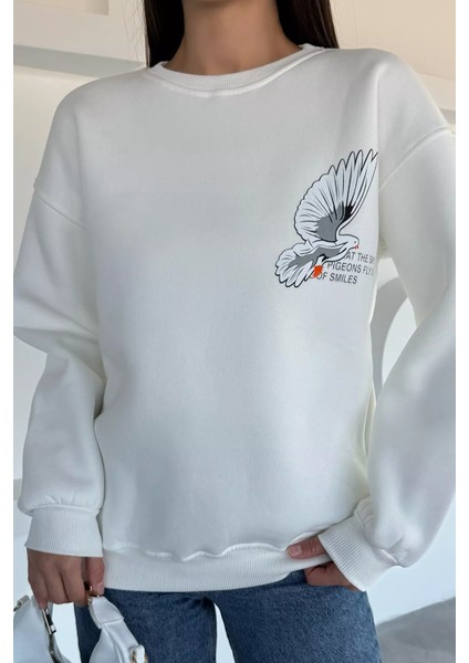 Kadın Ön ve Sırt Baskılı Bisiklet Yaka Üç Iplik Şardonlu Sweatshirt P-00018477