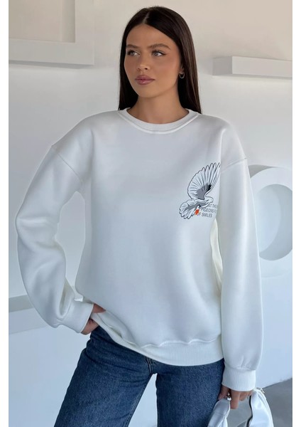Kadın Ön ve Sırt Baskılı Bisiklet Yaka Üç Iplik Şardonlu Sweatshirt P-00018477 fiyatları