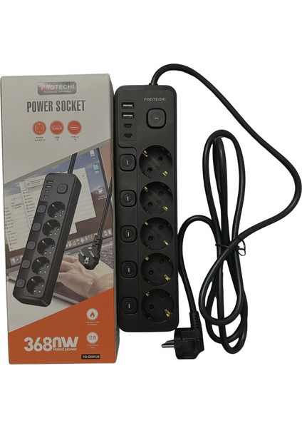 Termal Akım Korumalı 5 Priz 2 USB 2 Type-C Girişli Çocuk Koruma Yüksek Isıya Dayanaklı 2m Kablolu Priz fiyatları