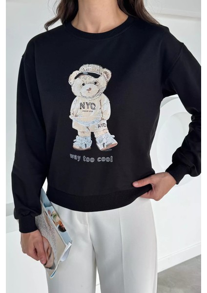 Kadın Bisiklet Yaka Baskılı Taş Işlemeli Sweatshirt P-00018478