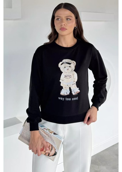 Kadın Bisiklet Yaka Baskılı Taş Işlemeli Sweatshirt P-00018478 fiyatları