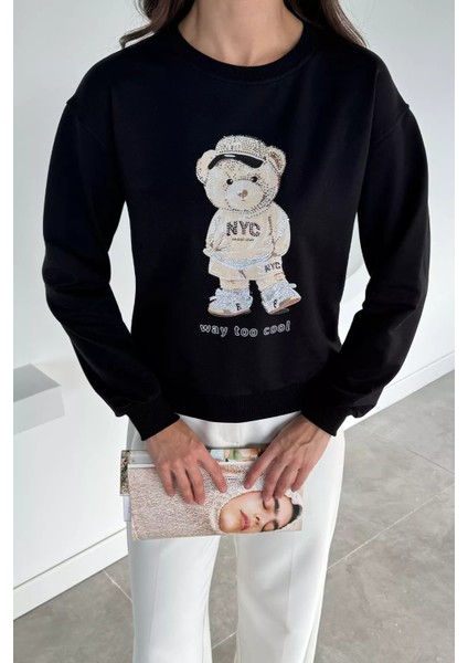 Kadın Bisiklet Yaka Baskılı Taş Işlemeli Sweatshirt P-00018478 modelleri