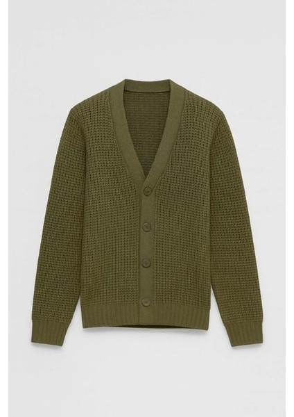 Nopenli Fitil Örgü Düğmeli Hırka - Haki