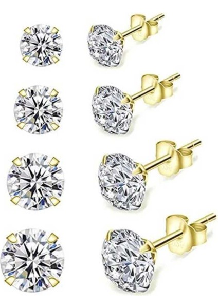 Kadın 4 Çift Boy 925 Ayar Gümüş Tek Taş Küpe Altın Kaplama modelleri