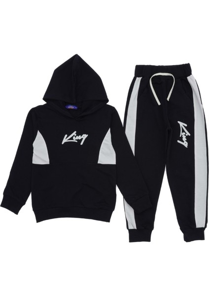 Kıng Baskılı Kapüşonlu Iki Iplik Şardonsuz Eşofman Takım - Lacivert - 6 Yaş Lacivert