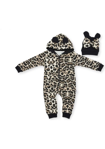 Fittili Leopar Desenli Şapkalı Tulum - Siyah - 9 - 12 Ay Siyah