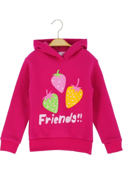 Çilek Baskılı Kapüşonlu Üç Iplik Şardonlu Sweatshırt - Fuşya - 1 Yaş Fuşya