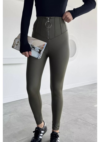 Kadın Yüksek Bel Şardonlu Fermuar Detaylı Suni Deri Tayt P-00013636