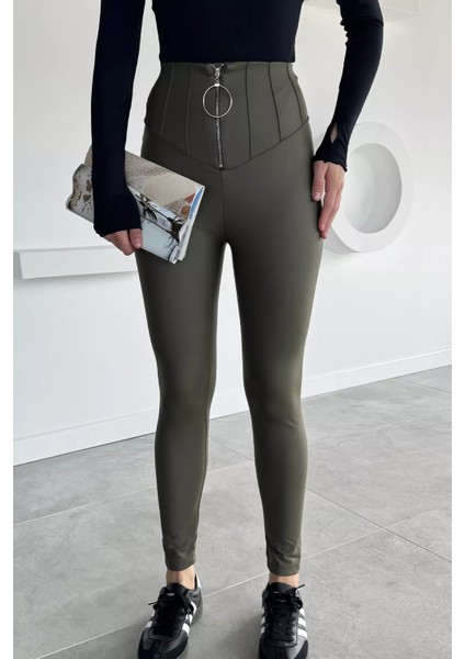 Kadın Yüksek Bel Şardonlu Fermuar Detaylı Suni Deri Tayt P-00013636 fiyatları