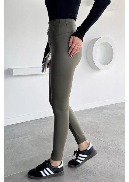 Kadın Yüksek Bel Şardonlu Fermuar Detaylı Suni Deri Tayt P-00013636 modelleri