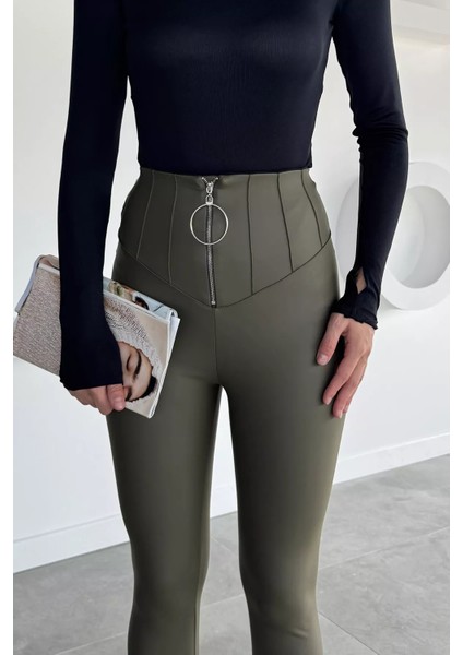 Kadın Yüksek Bel Şardonlu Fermuar Detaylı Suni Deri Tayt P-00013636 fırsatları