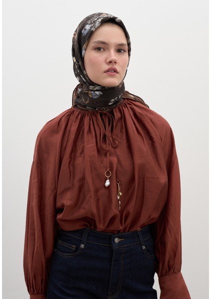 Mıdnıght Rose Desen Pamuklu Viskon Eşarp Çikolata Kahve