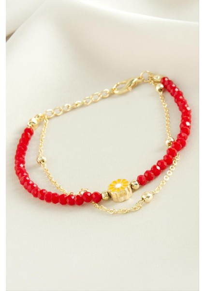 Msa-Shop Papatya Zincir Kristal Bileklik-Kırmızı fiyatları