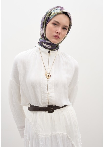 Rose Breeze Desen Pamuklu Viskon Eşarp Patlıcan Moru