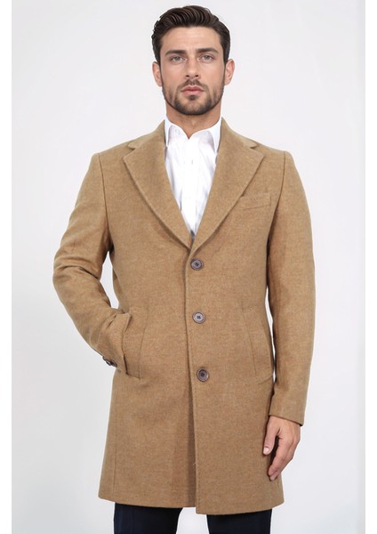 Üç Düğmeli Mono Yaka Yün ve Kaşmir Karışımlı Camel Kaban