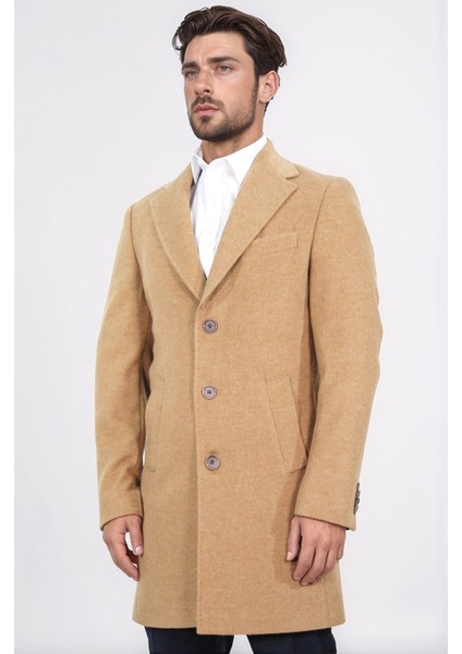 Üç Düğmeli Mono Yaka Yün ve Kaşmir Karışımlı Camel Kaban
