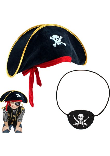 Allzey Çocuk Kadife Korsan Şapka &amp; Vinleks Deri Göz Bandı Seti