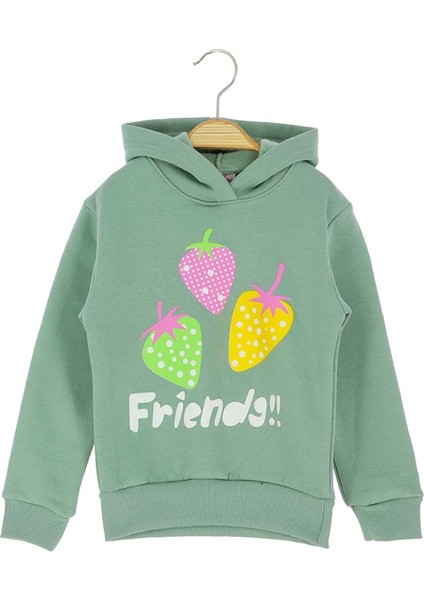 Çilek Baskılı Kapüşonlu Üç Iplik Şardonlu Sweatshırt - Mint Yeşili - 4 Yaş Mint Yeşili