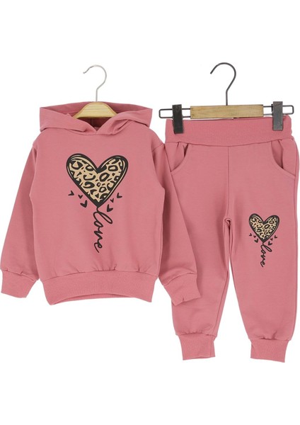Kapüşonlu Leopar Kalp Baskılı Iki Iplik Şardonlu Eşofman Takım - Gül Kurusu - 1 - 2 Yaş Gül Kurusu
