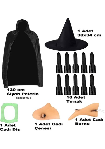 Allzey Siyah Kapüşonlu Pelerin 120 cm Tırnaklar Diş Çene Burun ve Şapka Seti