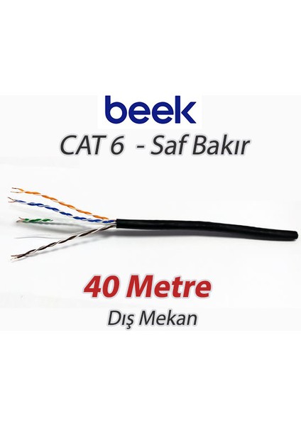 Cat6 40 Metre U-Utp Saf Bakır Dış Mekan Data Kablosu 4X2X23 Awg Pe Siyah Renk
