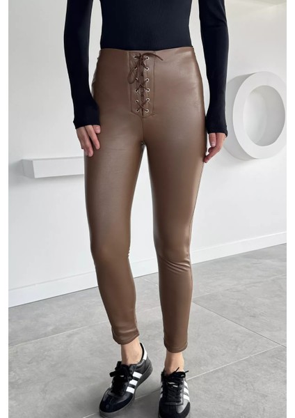 Kadın Şardonlu Bel Bağcıklı Detaylı Deri Tayt P-00001167